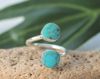 Silver Double Turquoise Ring / Turquoise Ring / Adjustable Boho Turquoise Ring / Bohemian Cocktail Rings