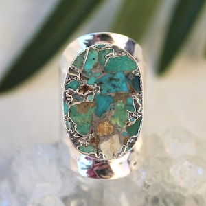 Copper Turquoise Sterling Silver Plated Statement Cuff Ring / Gemstone Ring / Bohemian Jewerly / Large Crystal Ring / December Birthstone
