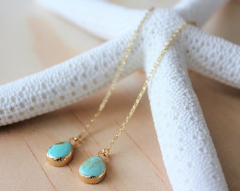 Turquoise Gold Threader Earrings / Gemstone Drop Earrings / Turquoise Teardrop Gold Earrings / Gold Chain Turquoise Earrings