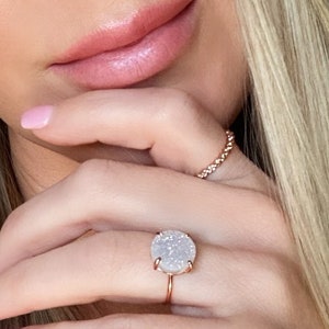 Rose Gold White AB Druzy Ring / Rose Gold Plated Crystal Ring / Rough Druzy Gemstone Ring/ Natural Quartz Druzy Jewellery