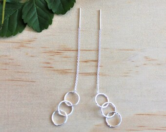 Geometric Circle Sterling Silver Threader Earrings / Silver Thread Earrings / Long Dangle Earrings / Delicate Triple Circle Threaders