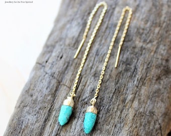 Crystal Turquoise Bullet Threader Earrings / Dainty Gold Threaders / Gold Filled Gemstone Earrings / Gemstone Earrings