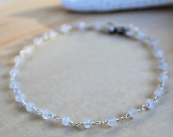 Rosary Moonstone Bracelet / Dainty Sterling Silver Bracelet  / Gemstone Beaded Bracelet / White Bracelet