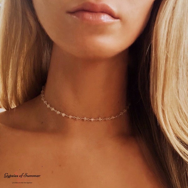 Moonstone Sterling Silver Choker / Delicate Moonstone Necklace / Crystal Layering Necklace / Sterling Silver Jewelry