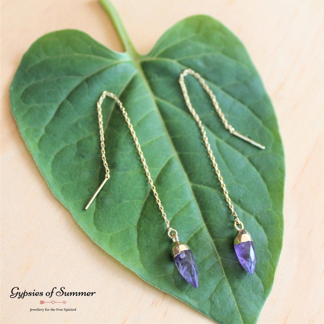 Amethyst Point Bullet Threader Earrings / Gold Thread Earrings