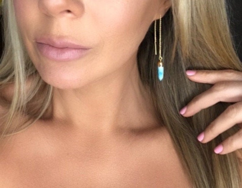 Turquoise Point Gold Threader Earrings / Gemstone Bullet Etsy Australia