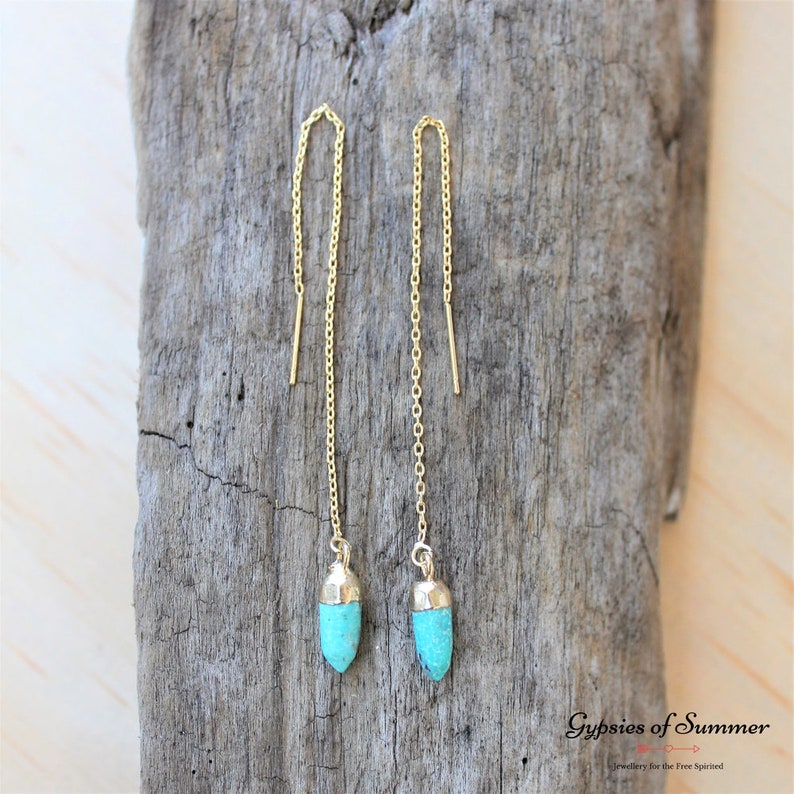 Crystal Turquoise Bullet Threader Earrings / Dainty Gold Etsy Australia