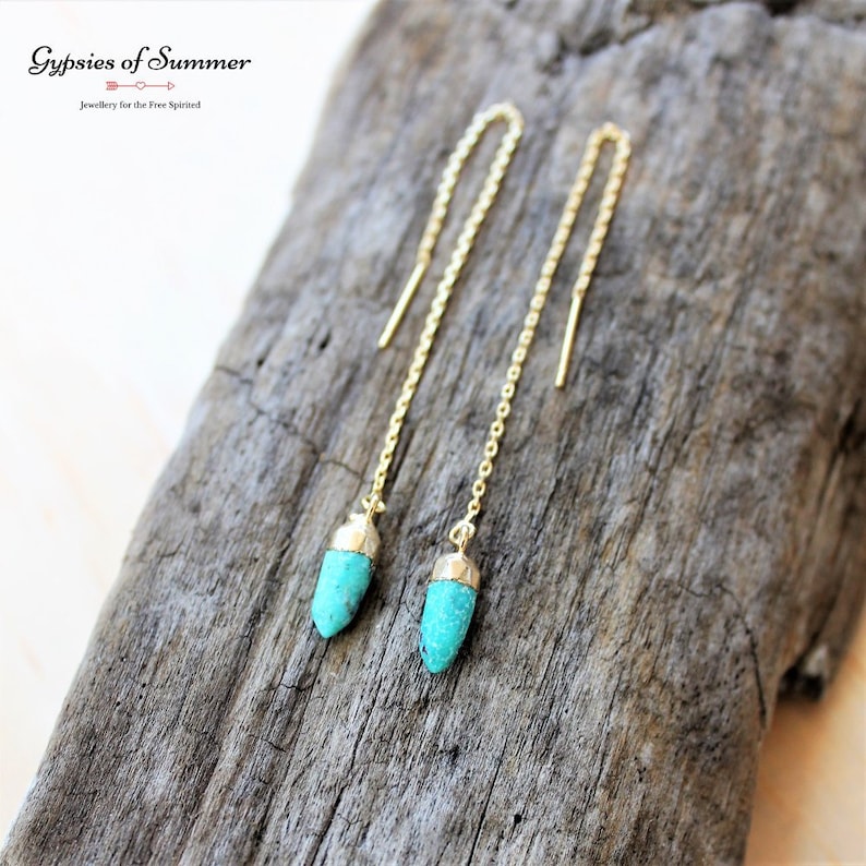 Crystal Turquoise Bullet Threader Earrings / Dainty Gold Etsy Australia