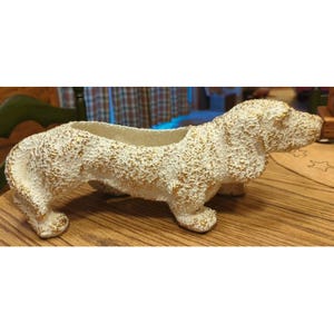 Vintage Daschund Weiner Hot Dog Planter Large 16" Long White Gold Accent Ceramic