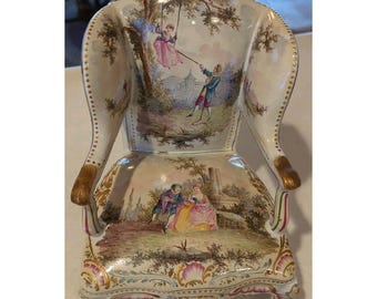 Antique Porcelain Faience Chair French Bebe or French Fashion Doll Hand-painted