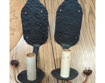 Pair Antique Hand HAMMERED WROUGHT IRON Arts & Crafts Wall Sconce Lamp **Read
