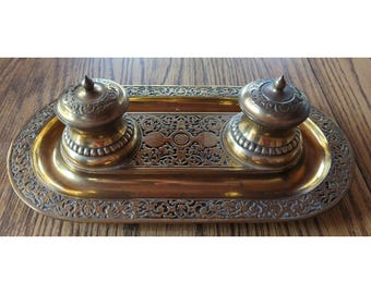 Jennings Bros Antique Brass Double Inkwell Colbolt Blue Glass Desk Victorian