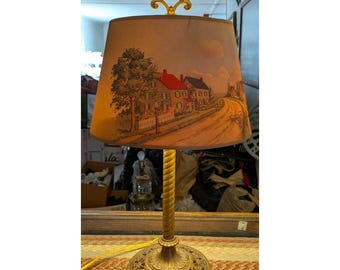 Vintage Brass Bronze Accent Table Double Light Lamp With Country Scene Shade