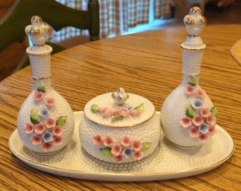 Vintage Japanese Vanity Table Set of Four Floral Pieces White Hobnail Porcelain