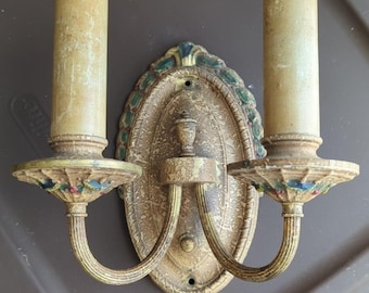 RARE Antique Double Sconce Brass Wall Lamps Lights Sconces Colored Accents