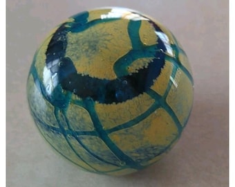 Vintage Blown Glass Paperweight: Yellow, Blue, Clear Swirls (3" Diameter)