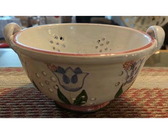 Vintage Pottery Stoneware Colander Strainer Hand Painted Ceramic Floral Gorgeous