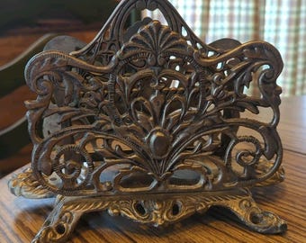 Vintage Art Nouveau Gilt Brass Scroll 9" Mail Napkin Holder