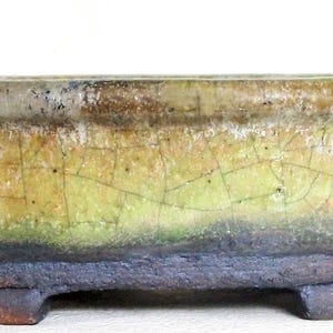 Könnte beinhalten: Ein ovaler Bonsai-Topf aus Keramik mit einer rissigen Glasur in Gelb-, Grün- und Brauntönen. Der Topf hat einen dicken, abgerundeten Rand und eine dunkle, strukturierte, unglasierte Basis mit zwei kleinen Füßen am unteren Rand des Gefäßes.