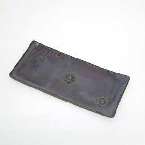 Handmade Rectangular Ceramic Tray – Glossy Purple Plum Pottery Platter with hand-stamped floral stamps