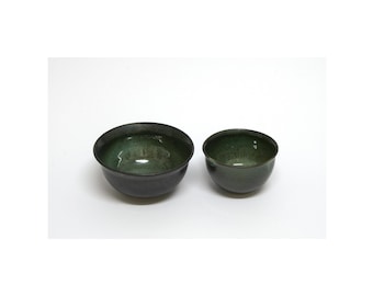 Handmade Ceramic Bowl Set: Forest Green Glaze, Kitchen Decor