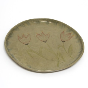 Handcrafted ceramic vintage-like plate. Adorned with a trio of softly hand-painted tulips. Home gift.