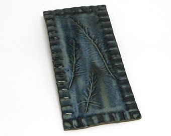 Pottery handmade, dark blue ceramic serving tray with a special imprinting of actual rosemary branches. Home gift.