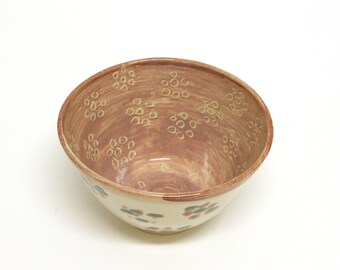 Ceramic bowl featuring ancient pink blue and off-white colors, with unique drawings inside and outside. Handmade home gift.