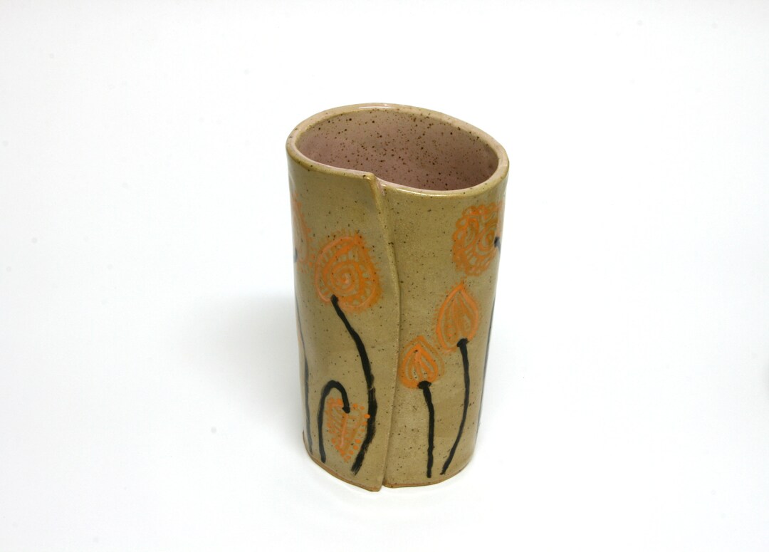 Handmade Ceramic Vase: Orange Floral Painting, Unique Fold Design - Etsy
