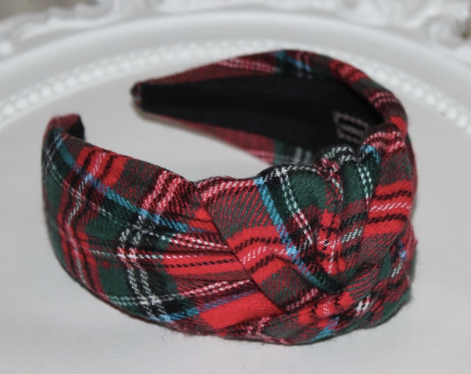 Plaid Knot Headband, Black, Red and Green Tartan Turban Women Knotted
