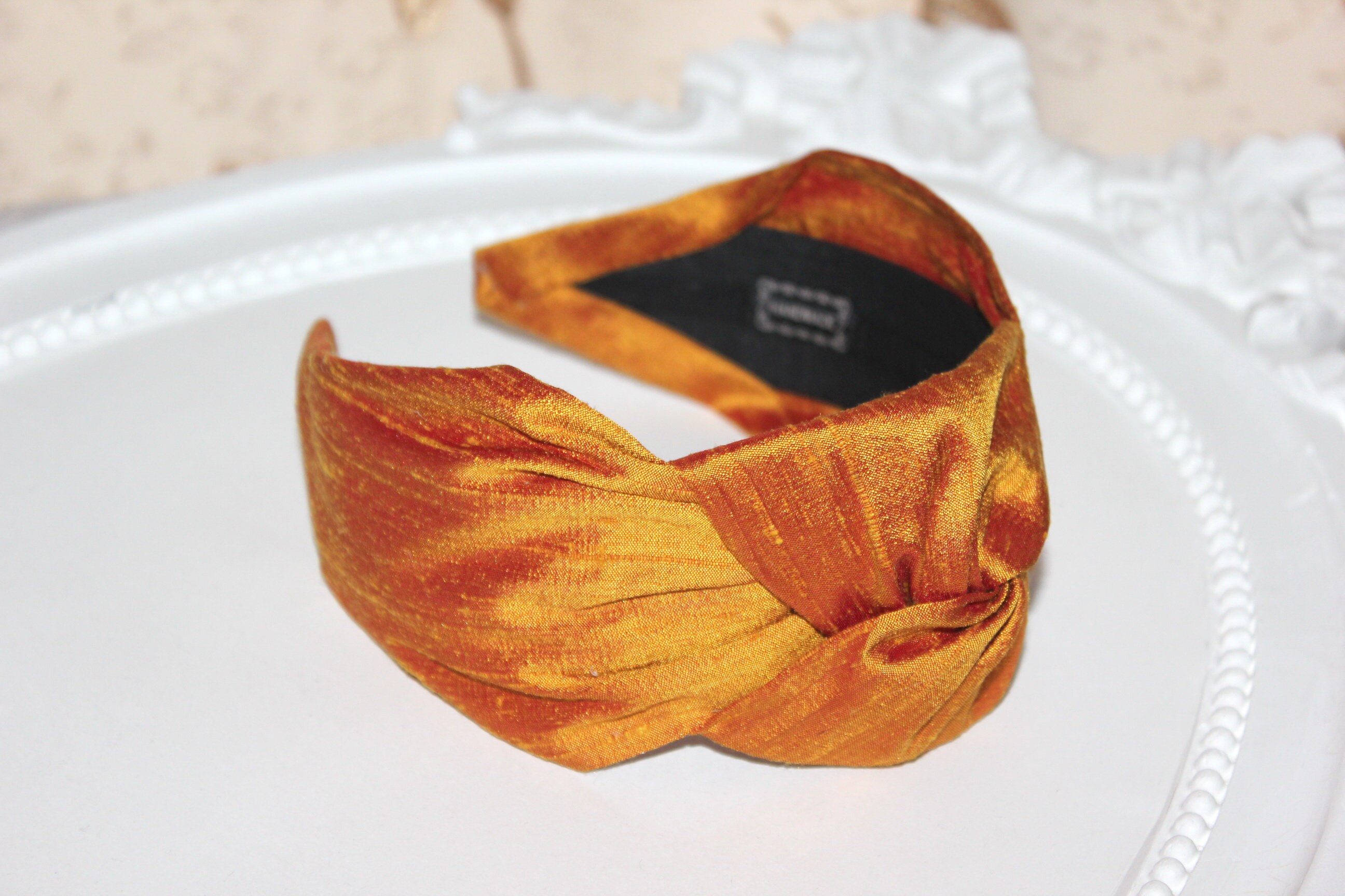 Iridescent silk turban wide knot headband adult mustard&red | Etsy