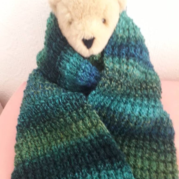 Green and Teal Hand Knitted Scarf 192cm x 23cm