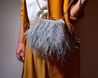 Evening shoulder bag, embellished with exotic ostrich feathers