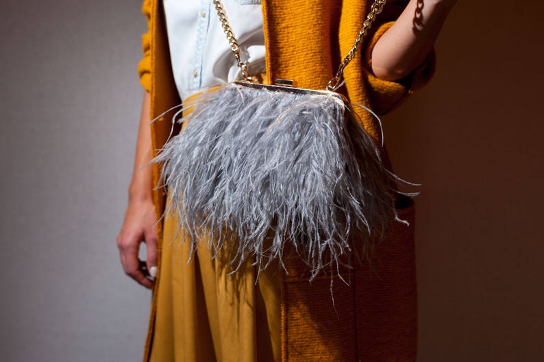 Evening shoulder bag, embellished with exotic ostrich feathers image 1