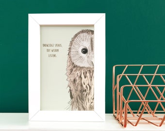 Owl Quote Print - British Wildlife Wall Art - A4 Bird Illustration