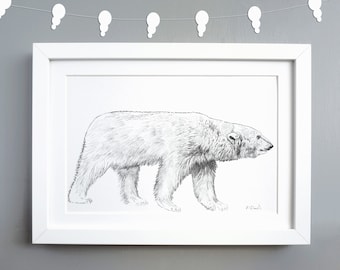 Polar Bear Print A4 - A4 Wildlife Print - Polar Bear Illustration - Black and White Print