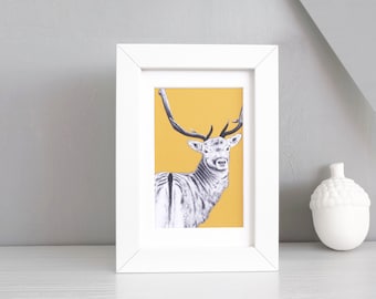 A4 Stag Print - British Wildlife Art - Yellow Wall Decor