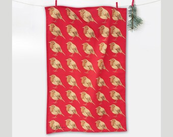 Pano de prato com estampa de pisco-de-peito-ruivo – Algodão orgânico, presente de Natal