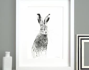 Hare Print - A4 Rabbit Wall Art - Wildlife Print - Hare Illustration