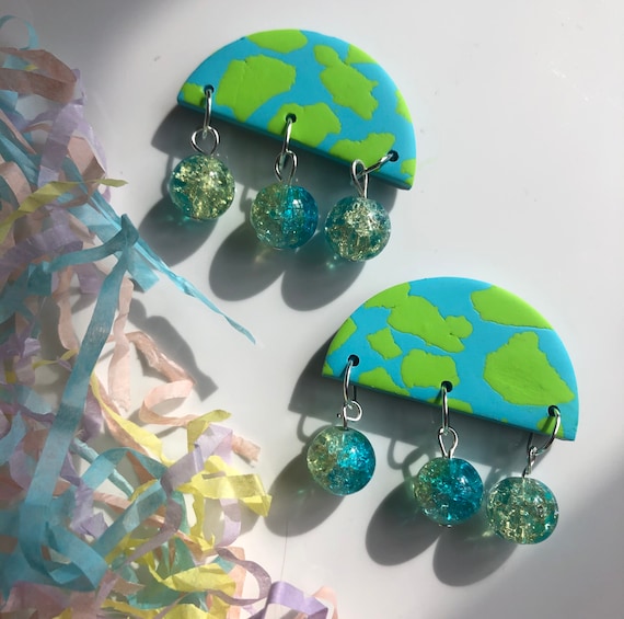 Semi-Circle Beaded Earring Polymer Clay Sparkle Green Blue Dangle