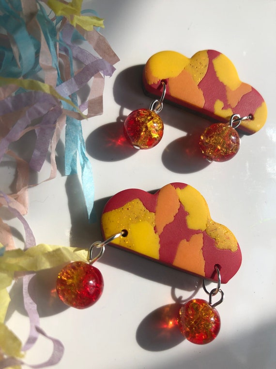 Cloud Beaded Earring Sparkle Polymer Clay Dangle Red Gold