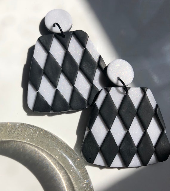 Diamond Monochrome Earrings, Statement Black and White sparkle, Mod girl vibes, retro inspired, vintage style