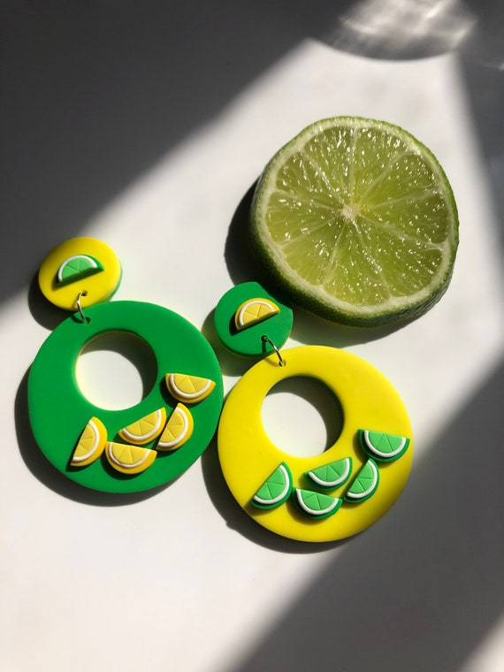 Citrus Statement Earrings Dangle Lemon and Lime Cocktail Summer Fun 1960 1970