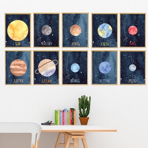 Watercolor Solar System Printable Wall Art Set, Digital Download, Space Wall Art, Solar System Decor, Solar System Posters, Kids Room Decor