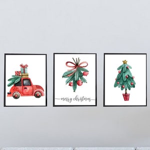 Printable Festive Watercolor Christmas Wall Art Prints, Digital Download Set for Entryway Poster Decor, Rustic Holiday Home Illustrations