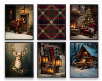 Christmas Gallery Wall Art Set, Equestrian Holiday Prints, Cabin Tartan Decor, Digital Download