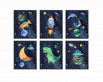 Set of 6 Space Dinosaur Astronauts Printable Wall Art, Digital Download, Space Nursery Decor, Outer Space Prints, Dinos Boy Bedroom Decor