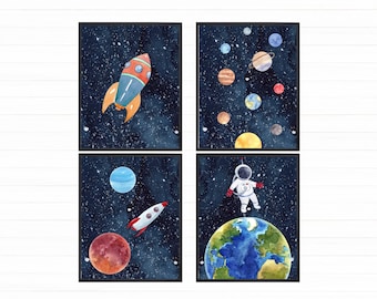 Space Nursery Printable Wall Art Set: Solar System, Rocket, Astronaut (Digital Download)
