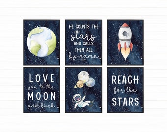 Set of 6 Printable Outer Space Wall Art, Kids Space Prints, Space Themed Nursery, Psalm Print, Love you to the Moon, Reach for the Stars