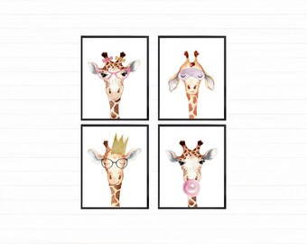 Set of 4 Giraffes Printable Wall Art for Girl Bedroom Decor, Digital Download, Nursery Decor, Giraffes Prints, Kids Room Wall Decor